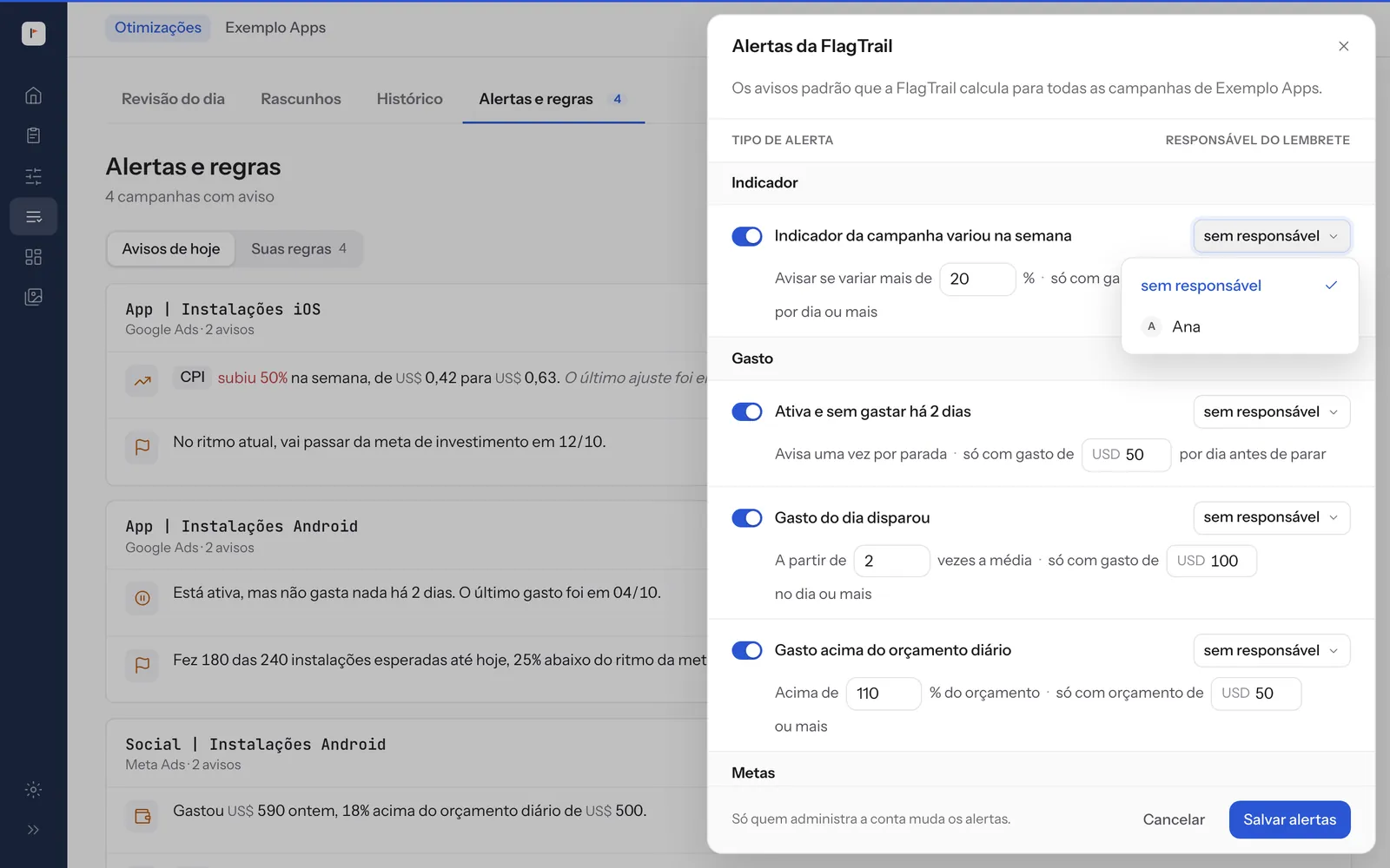 A lista de responsáveis de um alerta, com a opção "sem responsável" e as pessoas da conta.