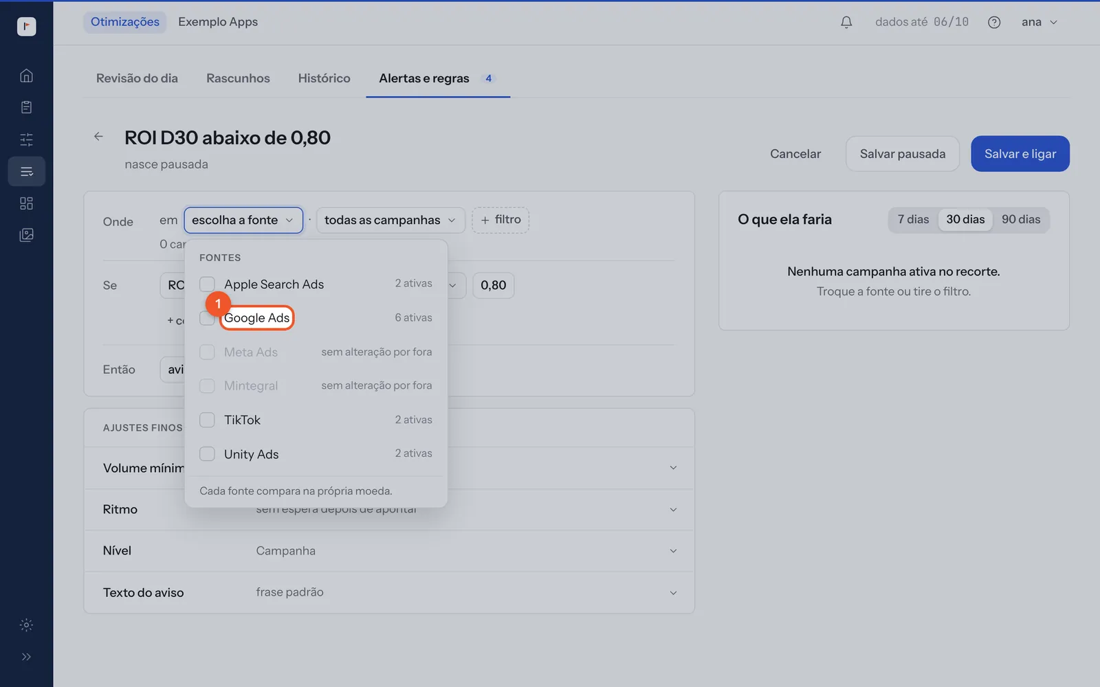 A lista de fontes do Onde, com Meta Ads e Mintegral desabilitadas, com a nota "sem alteração por fora".