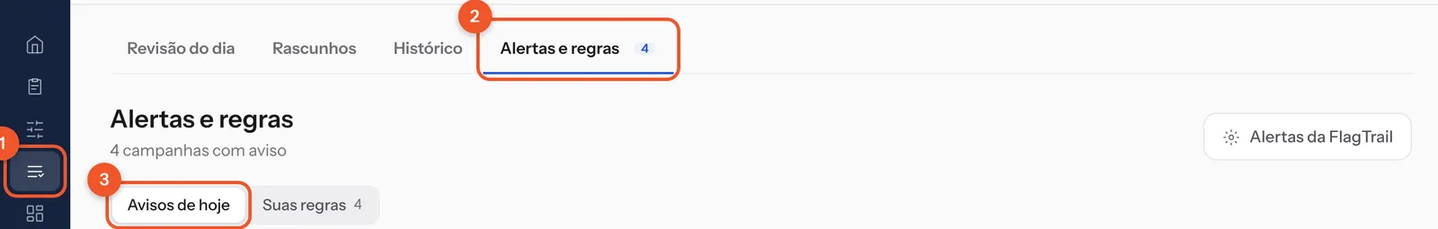 Alertas e regras aberto em Avisos de hoje, com o item do menu da esquerda, a aba da tela e o seletor Avisos de hoje marcados.