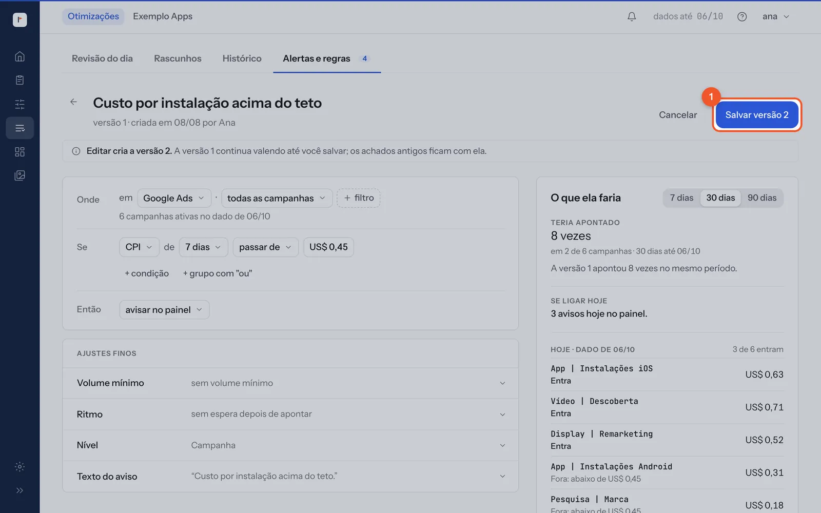 O editor de uma regra salva, com o aviso "Editar cria a versão 2" e os botões Cancelar e Salvar versão 2.