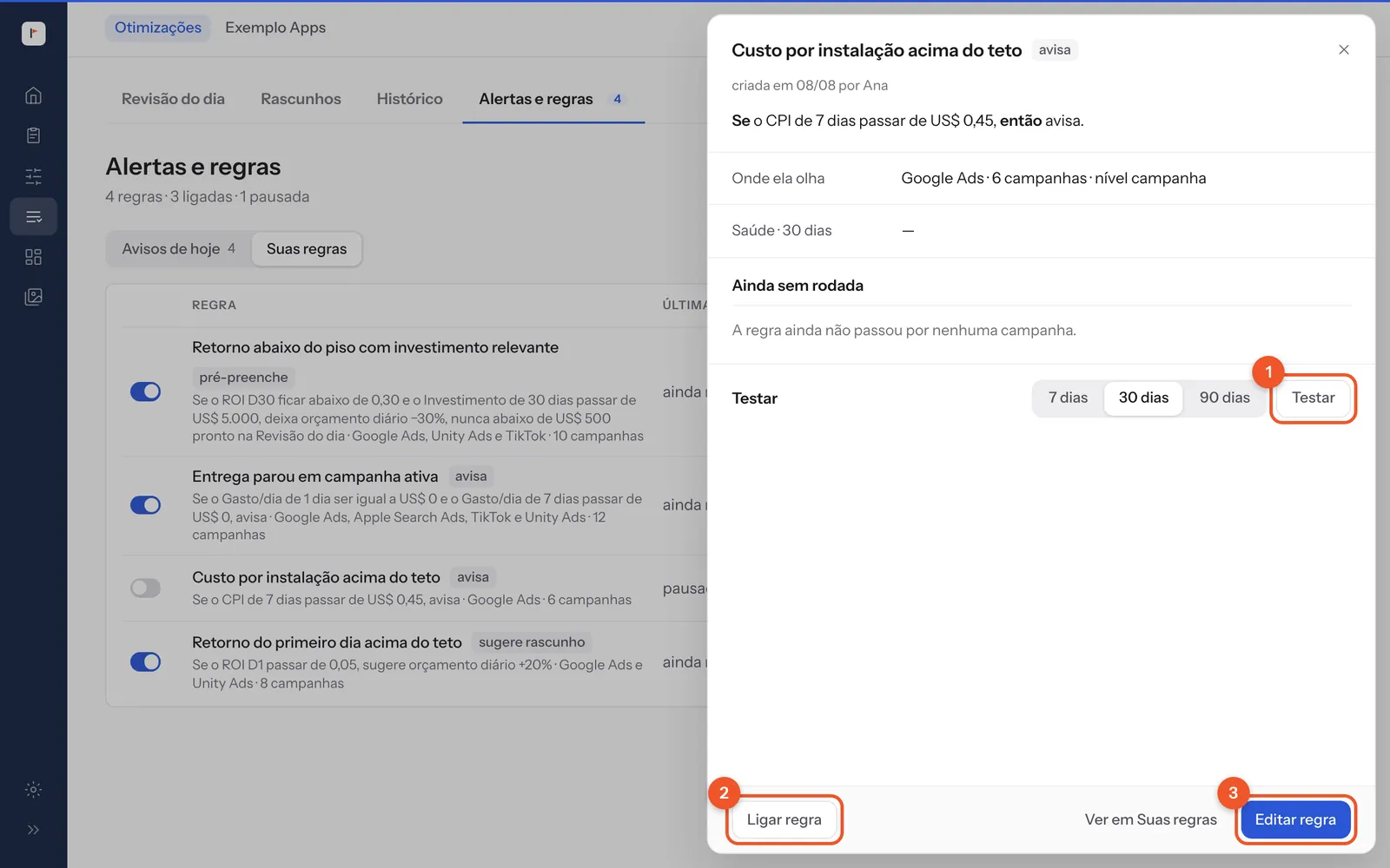 A ficha de uma regra pausada, com o bloco Testar e os botões Ligar regra e Editar regra.