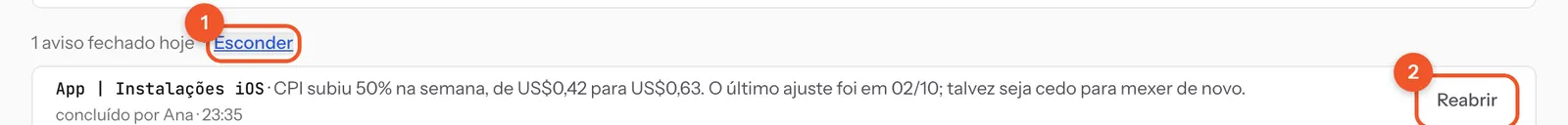 A lista de avisos fechados hoje, com o botão Esconder, o nome de quem fechou, a hora e o botão Reabrir.