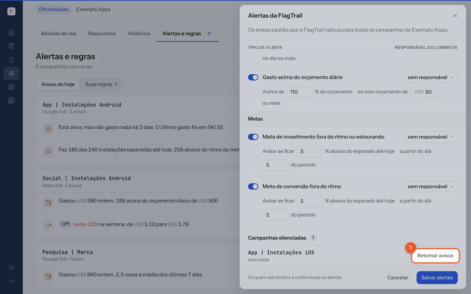 O painel lateral Alertas da FlagTrail com a seção Campanhas silenciadas e o botão Retomar avisos ao lado da campanha pausada.
