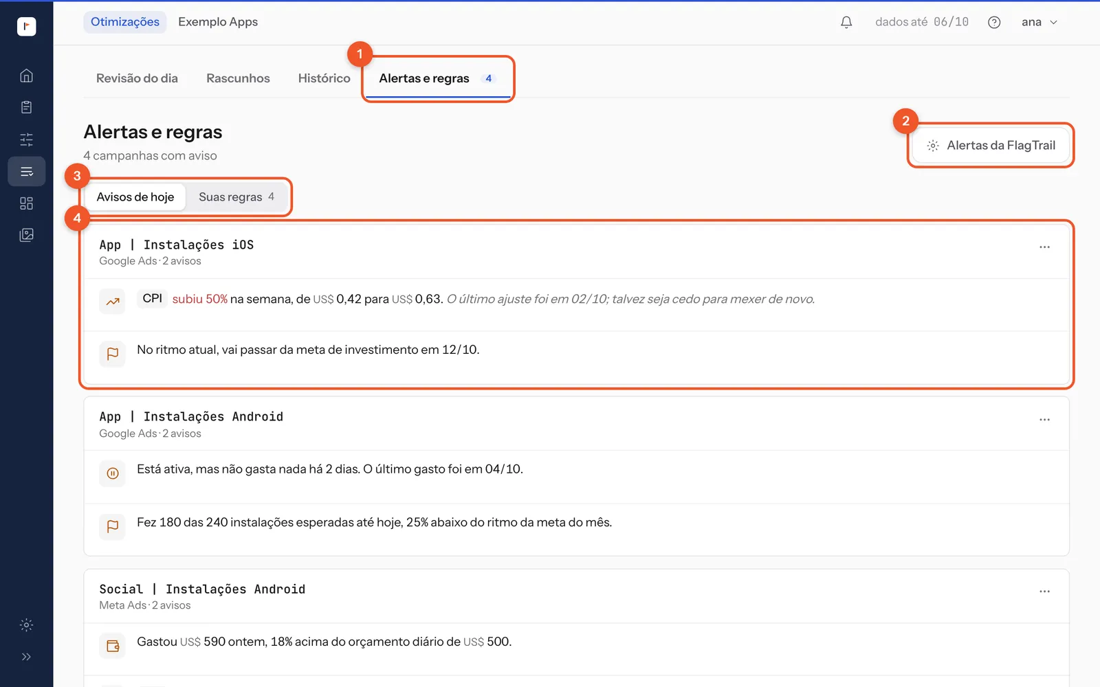 A tela Alertas e regras: a aba da tela, o botão Alertas da FlagTrail, o seletor Avisos de hoje e Suas regras e o primeiro bloco de campanha.