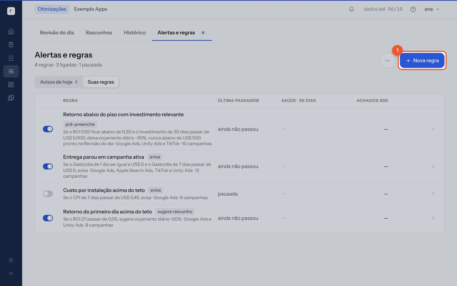 A lista Suas regras, com o interruptor de cada regra, a frase que ela segue e o botão Nova regra.