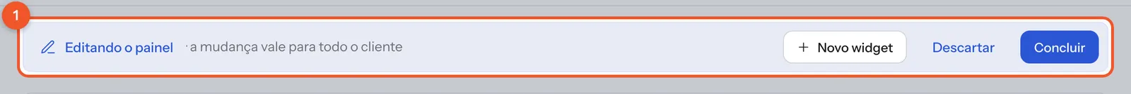 No modo de edição, a faixa do topo mostra Novo widget, Descartar e Concluir.
