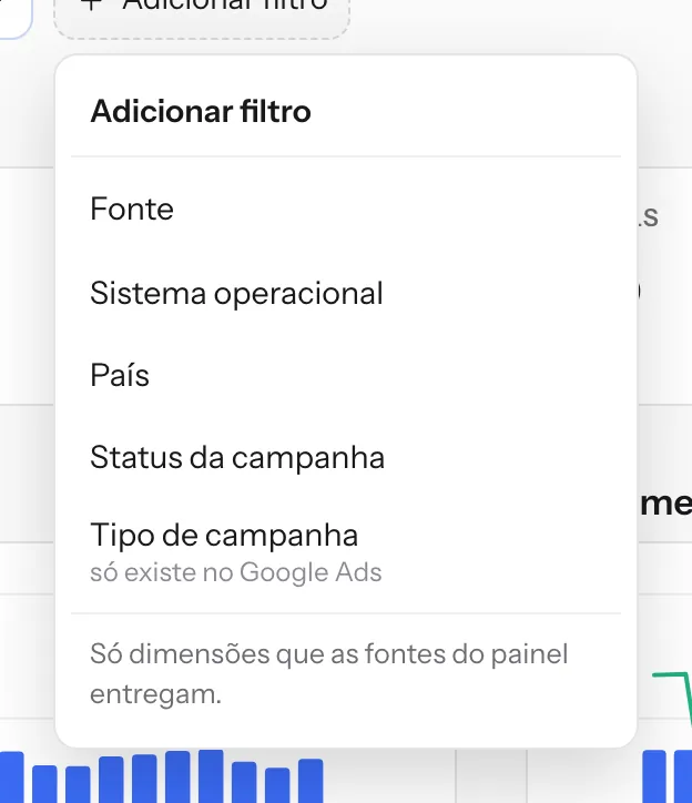 As dimensões que dá para filtrar vêm das fontes conectadas ao cliente.