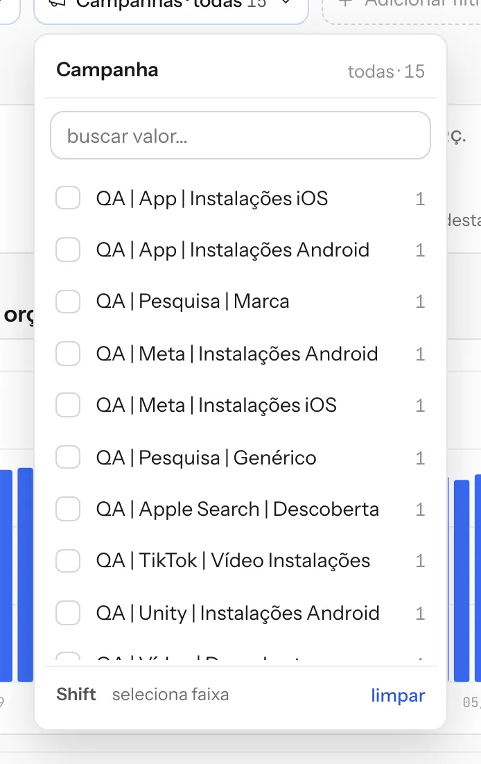 A lista de campanhas, com busca, contagem e a opção limpar.
