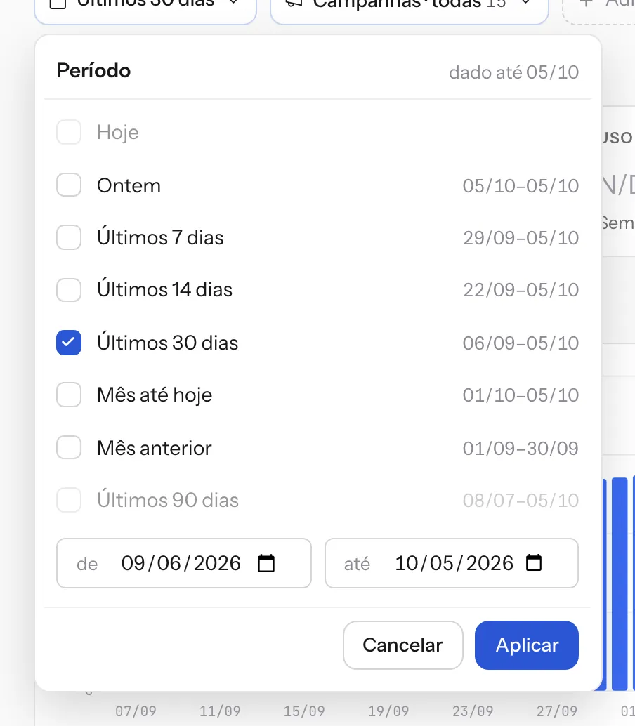 Os períodos prontos e o intervalo livre. No topo, até que dia há dado.