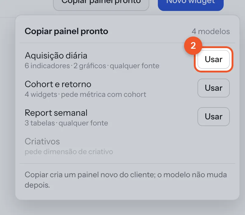 Os modelos prontos. Os que aparecem em cinza precisam de um dado que este cliente ainda não tem.