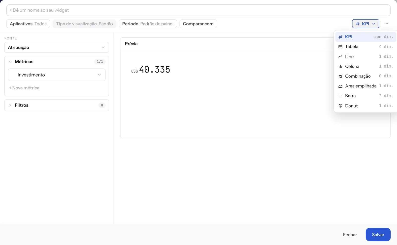 O seletor de tipo, dentro da folha do widget.