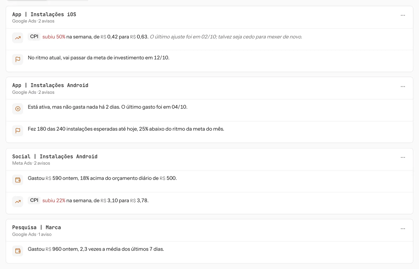 Na FlagTrail, os avisos aparecem em Otimizações, na aba Alertas e regras, agrupados por campanha.